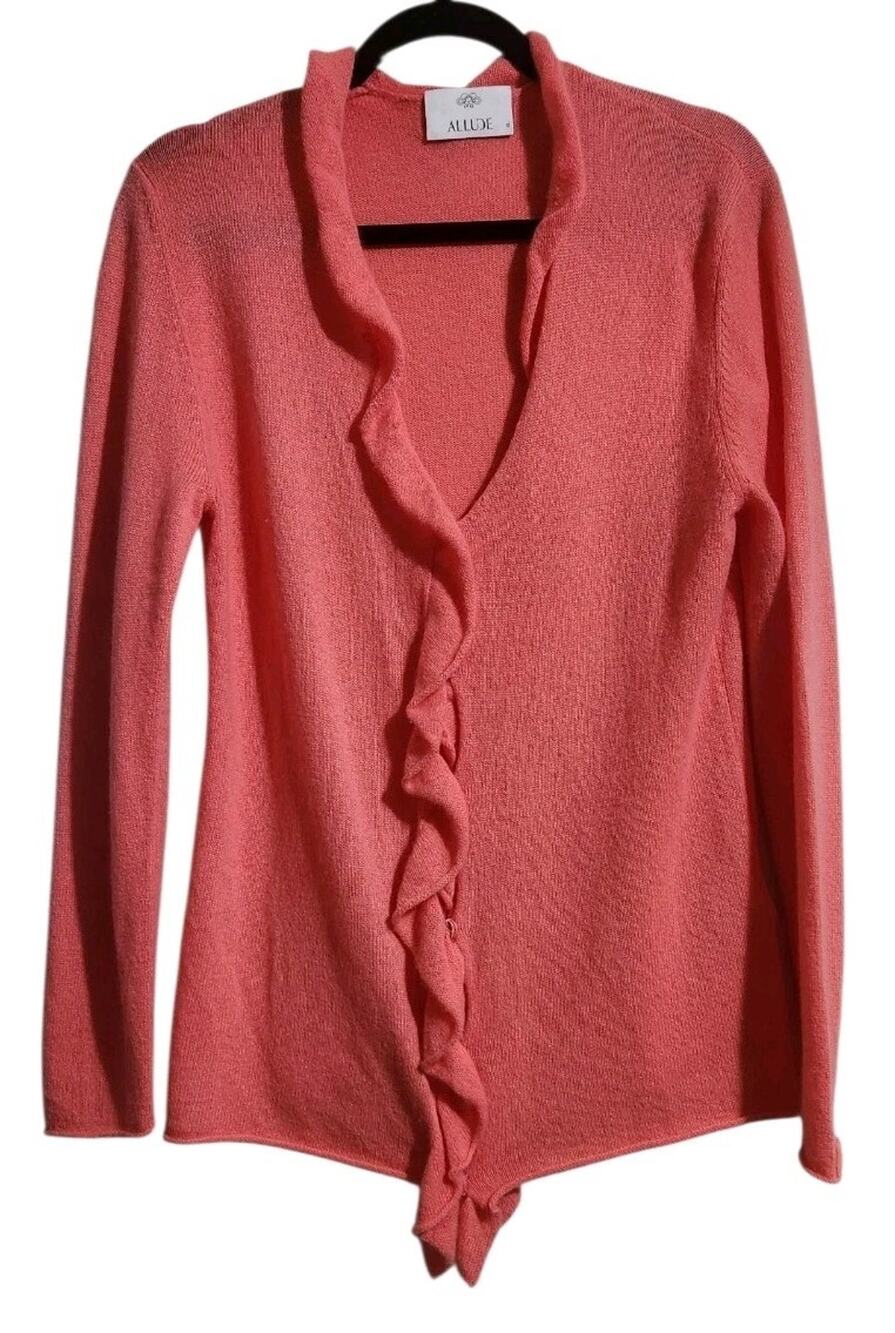 Allude Womens Cashmere Long Sleeves XL Button Down Cardigan Sweater Pink Ruffled